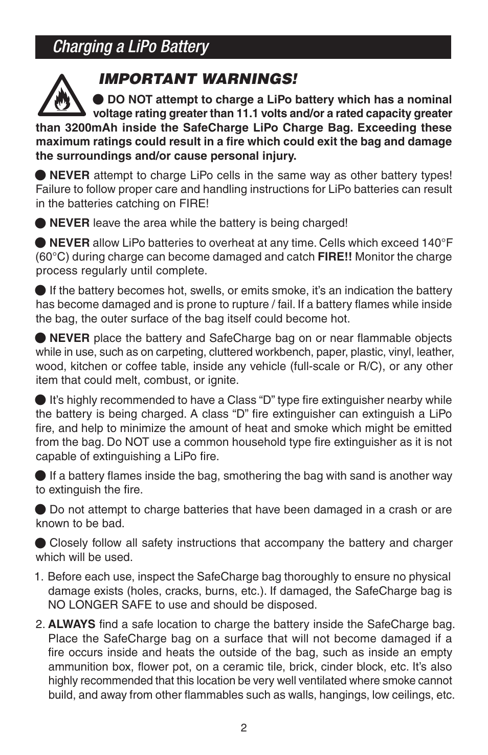 Charging a lipo battery, Important warnings | Great Planes SafeCharge LiPo Charge Bag - GPMP0751 User Manual | Page 2 / 4