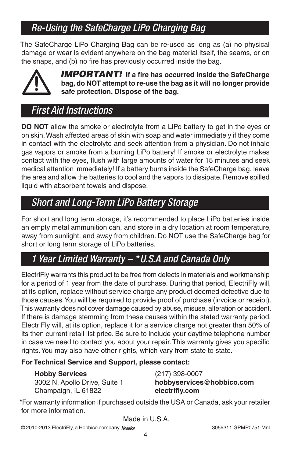 Re-using the safecharge lipo charging bag, First aid instructions, Short and long-term lipo battery storage | 1 year limited warranty – * u.s.a and canada only, Important | Great Planes SafeCharge LiPo Charge Bag - GPMP0751 User Manual | Page 4 / 4