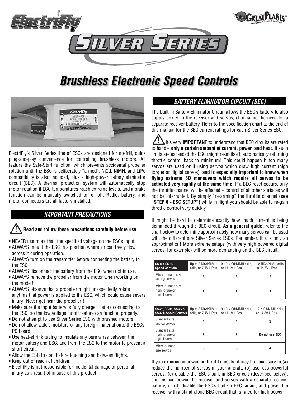 Great Planes SS80 Brushless ESC 80A - GPMM1860 User Manual | 4 pages