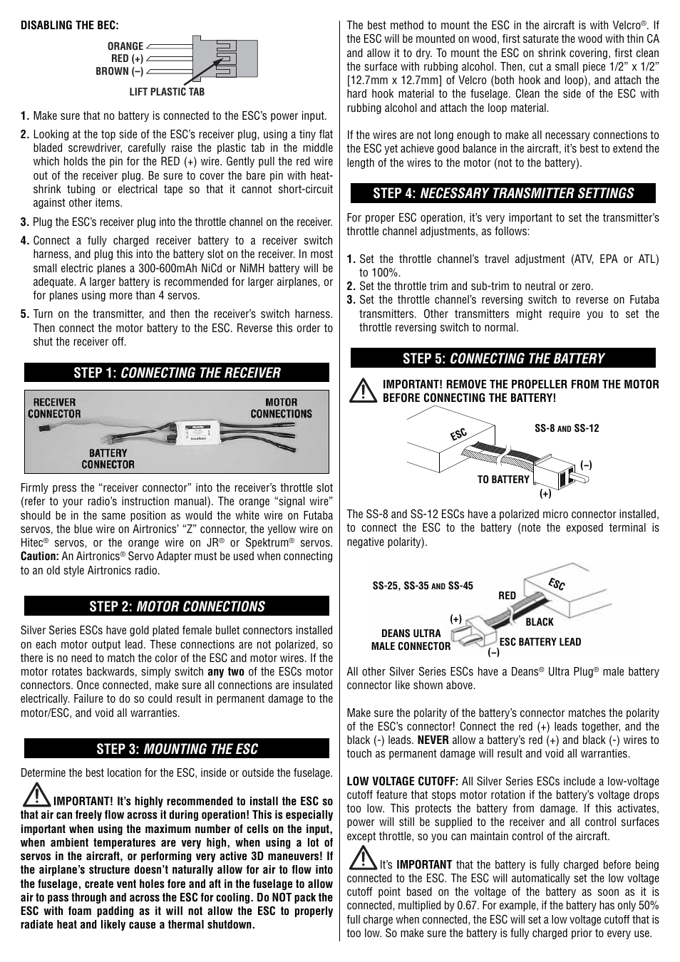Step 1: connecting the receiver, Step 2: motor connections, Step 3: mounting the esc | Step 4: necessary transmitter settings, Step 5: connecting the battery | Great Planes SS80 Brushless ESC 80A - GPMM1860 User Manual | Page 2 / 4
