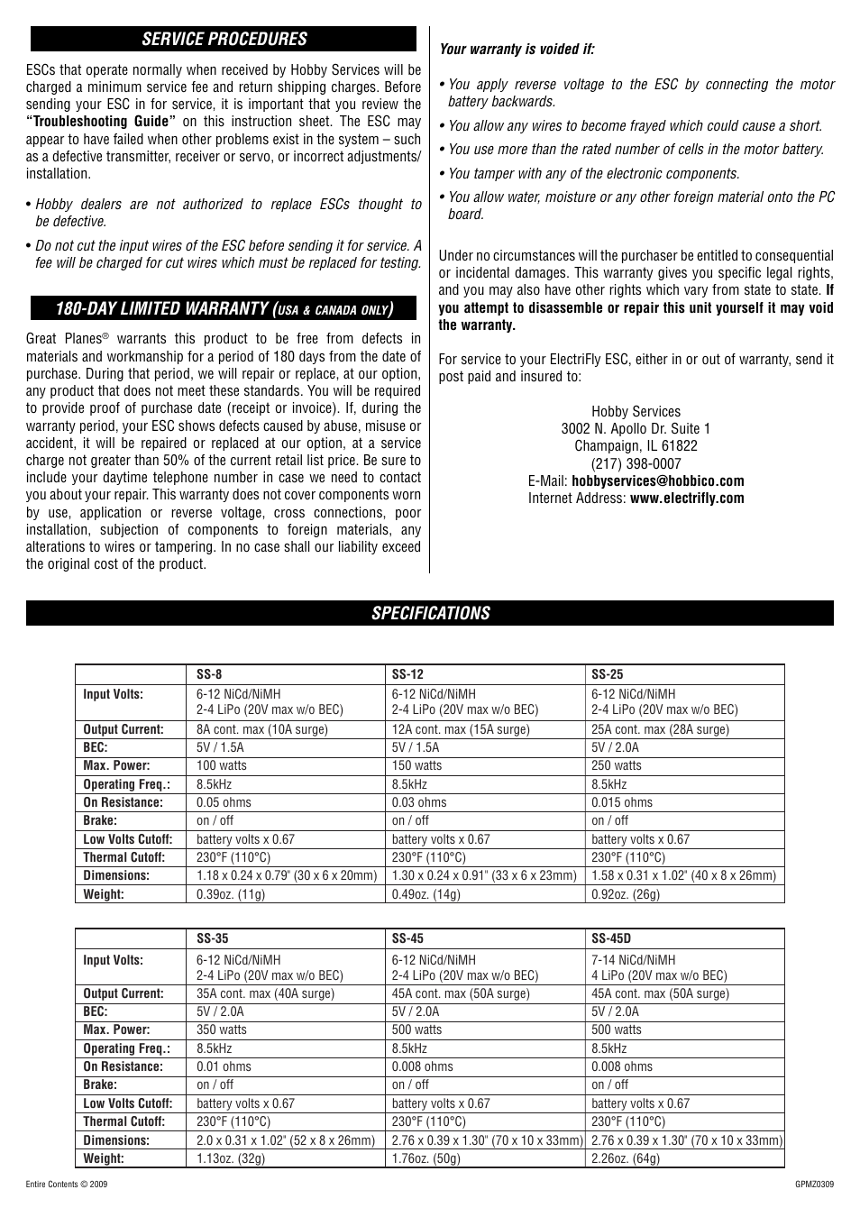 Service procedures, Day limited warranty, Specifications | Great Planes SS80 Brushless ESC 80A - GPMM1860 User Manual | Page 4 / 4
