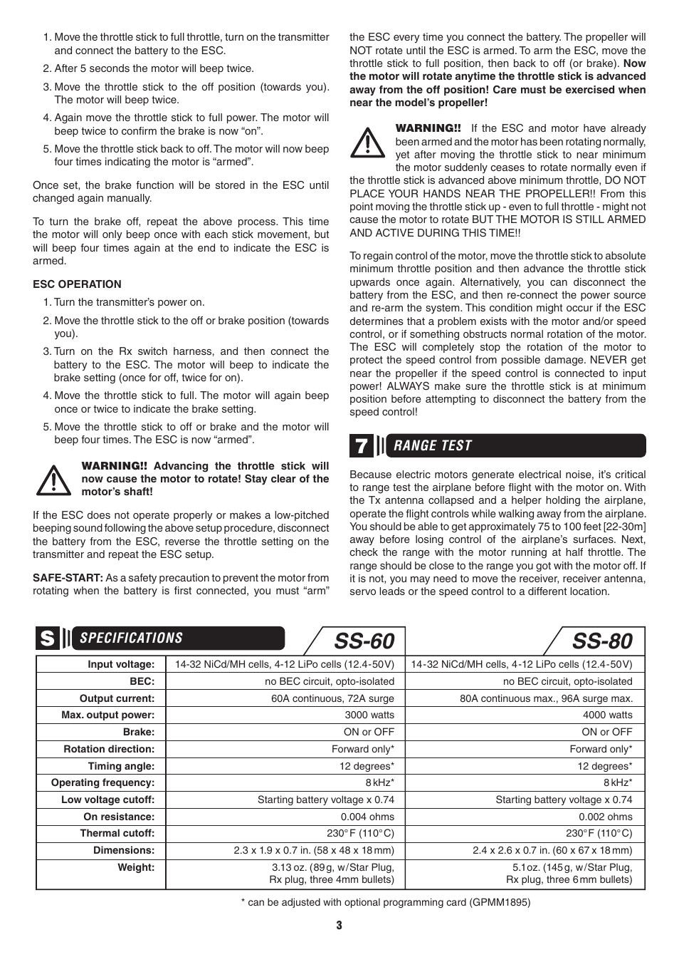 Ss-60 ss-80, Range test, Specifications | Great Planes SS60 Brushless ESC 60A - GPMM1850 User Manual | Page 3 / 4