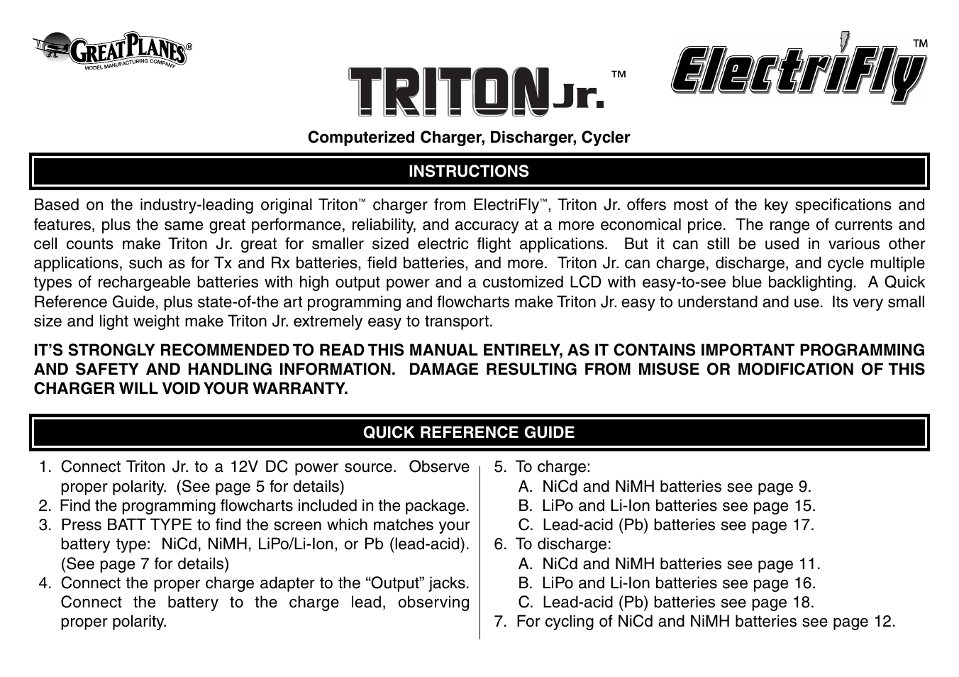 Great Planes Triton Jr. Charger - GPMM3152 User Manual | 28 pages