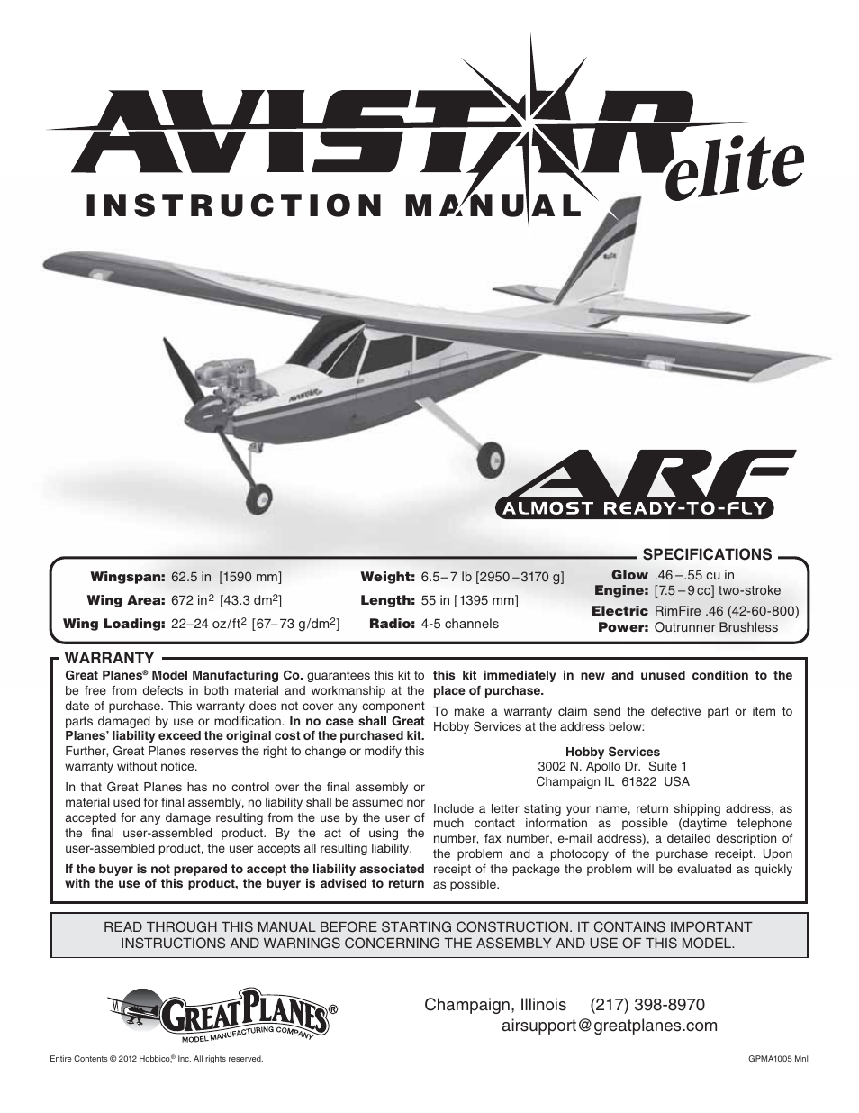 Great Planes Avistar Elite .46 ARF - GPMA1005 User Manual | 36 pages