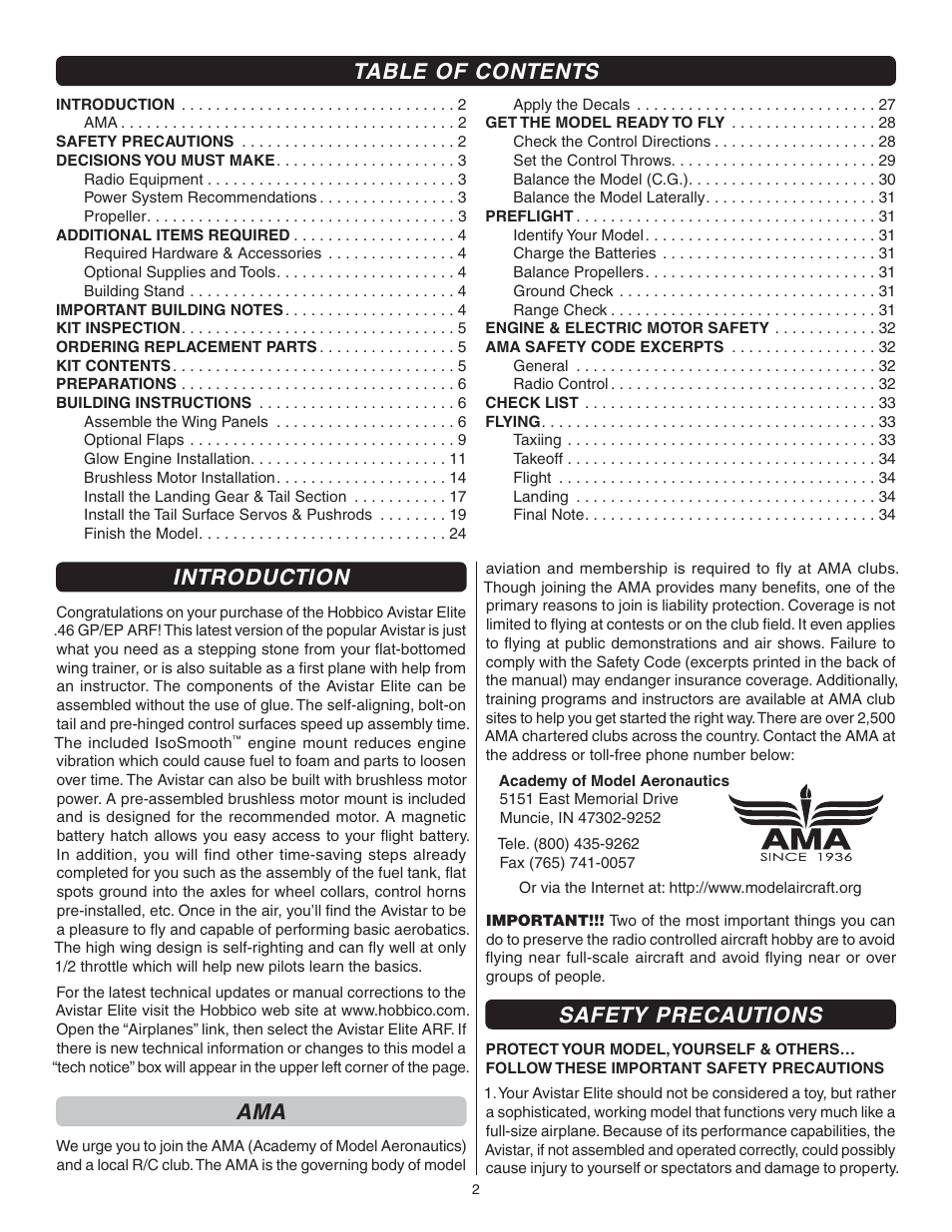 Great Planes Avistar Elite .46 ARF - GPMA1005 User Manual | Page 2 / 36