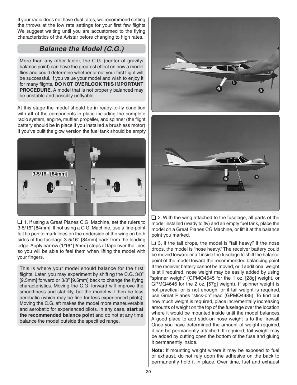 Balance the model (c.g.) | Great Planes Avistar Elite .46 ARF - GPMA1005 User Manual | Page 30 / 36