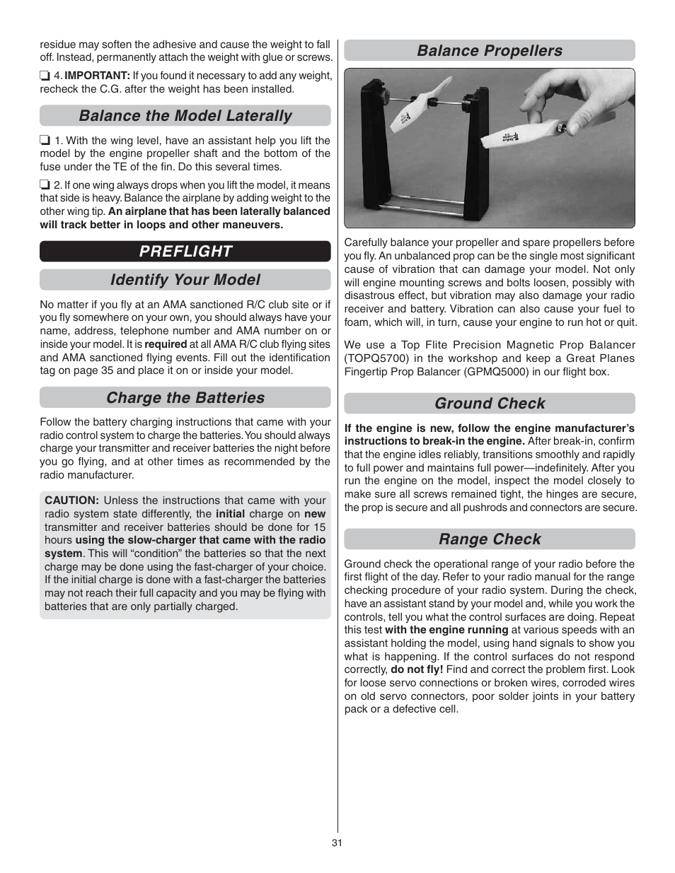 Balance the model laterally, Preflight identify your model, Charge the batteries | Balance propellers, Ground check, Range check | Great Planes Avistar Elite .46 ARF - GPMA1005 User Manual | Page 31 / 36