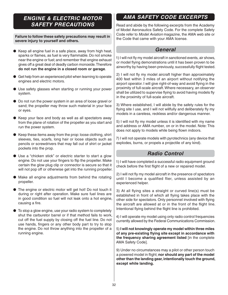 Engine & electric motor safety precautions, Ama safety code excerpts, General | Radio control | Great Planes Avistar Elite .46 ARF - GPMA1005 User Manual | Page 32 / 36