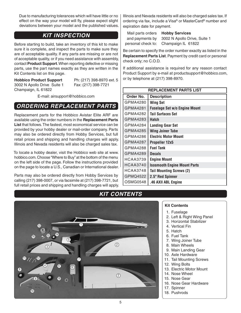 Kit inspection, Ordering replacement parts, Kit contents | Great Planes Avistar Elite .46 ARF - GPMA1005 User Manual | Page 5 / 36