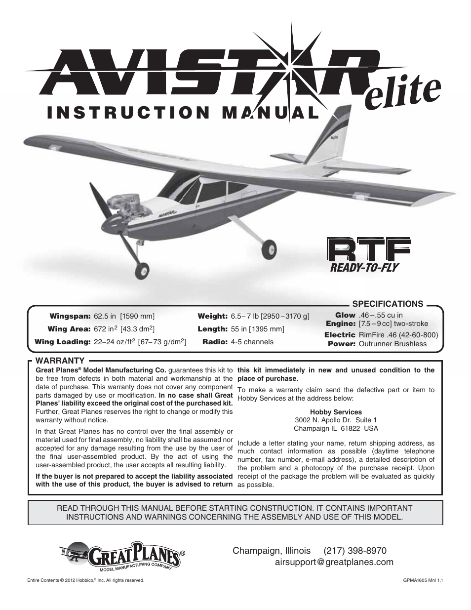 Great Planes Avistar Elite .46 RTF - GPMA1605 User Manual | 20 pages