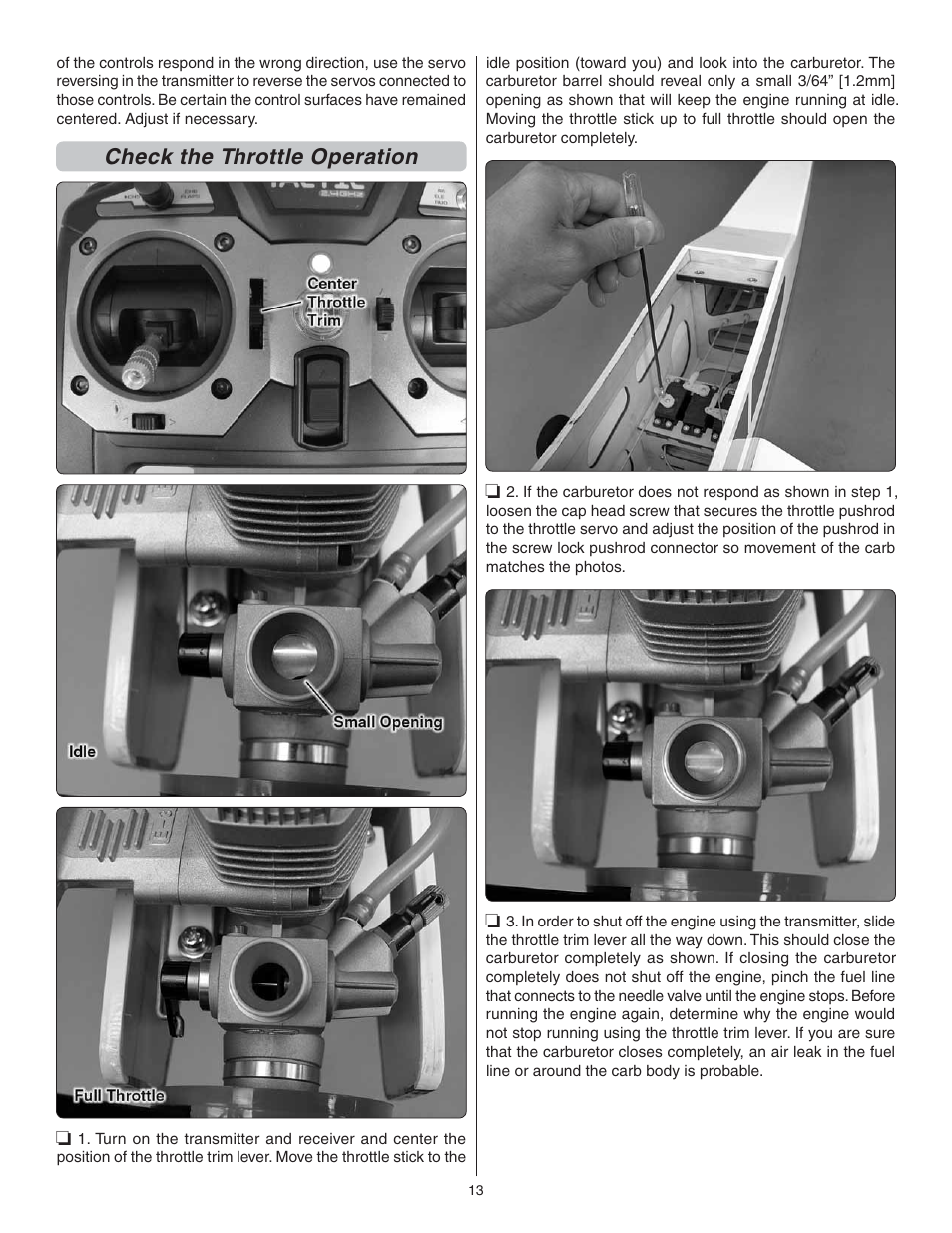 Check the throttle operation | Great Planes Avistar Elite .46 RTF - GPMA1605 User Manual | Page 13 / 20