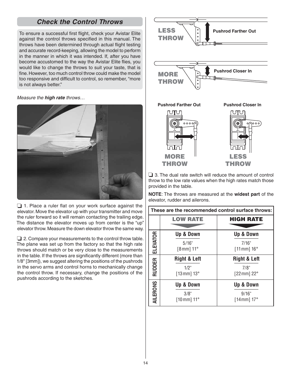 Check the control throws, Less throw, More throw more throw | Great Planes Avistar Elite .46 RTF - GPMA1605 User Manual | Page 14 / 20