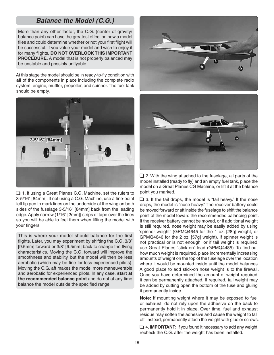 Balance the model (c.g.) | Great Planes Avistar Elite .46 RTF - GPMA1605 User Manual | Page 15 / 20