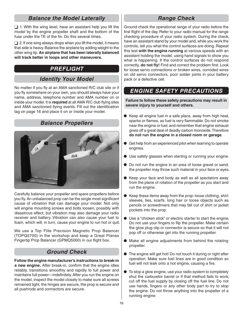 Balance the model laterally, Preflight identify your model, Balance propellers | Ground check, Range check, Engine safety precautions | Great Planes Avistar Elite .46 RTF - GPMA1605 User Manual | Page 16 / 20