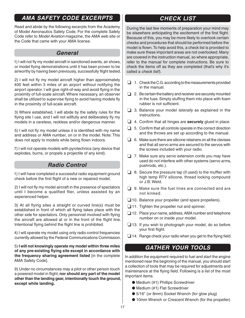Ama safety code excerpts, General, Radio control | Check list, Gather your tools | Great Planes Avistar Elite .46 RTF - GPMA1605 User Manual | Page 17 / 20