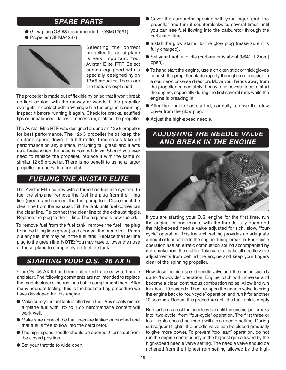 Spare parts, Fueling the avistar elite, Starting your o.s ax ii | Adjusting the needle valve and break in the engine | Great Planes Avistar Elite .46 RTF - GPMA1605 User Manual | Page 18 / 20
