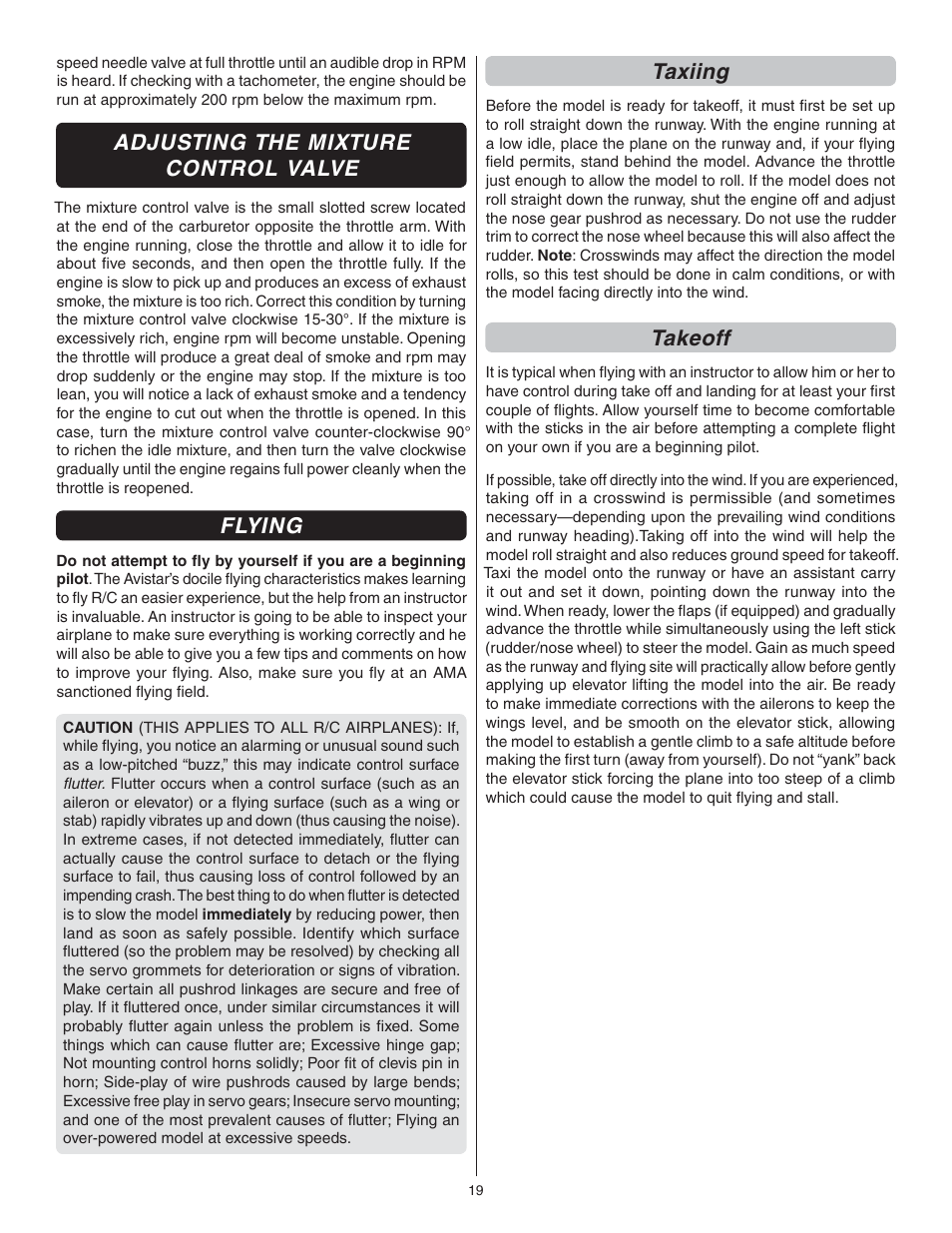 Adjusting the mixture control valve, Flying, Taxiing | Takeoff | Great Planes Avistar Elite .46 RTF - GPMA1605 User Manual | Page 19 / 20