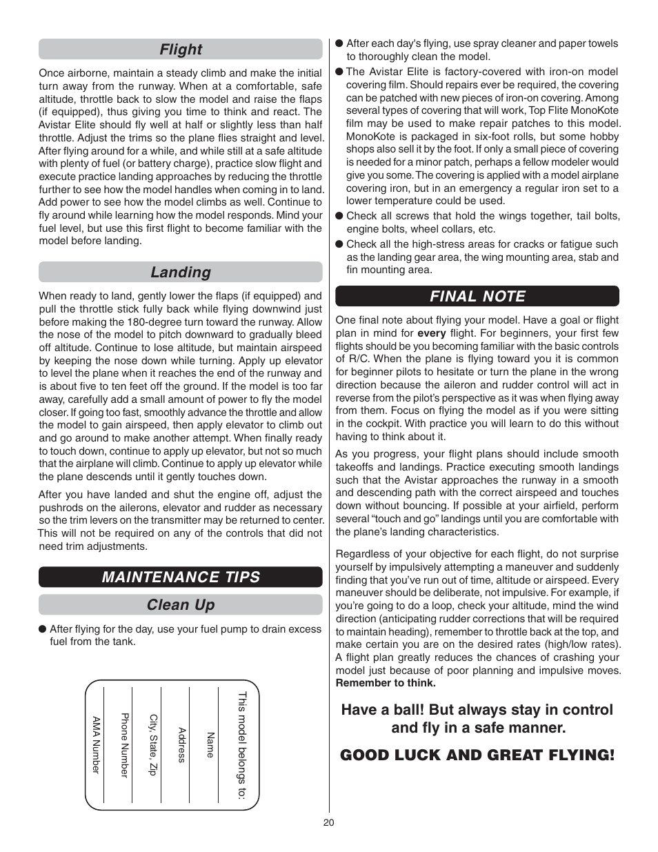 Flight, Landing, Maintenance tips clean up | Great Planes Avistar Elite .46 RTF - GPMA1605 User Manual | Page 20 / 20