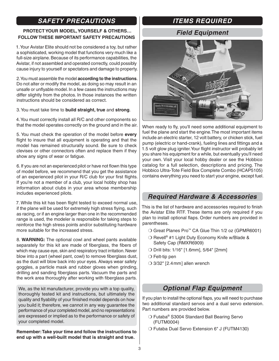 Safety precautions, Items required field equipment, Required hardware & accessories | Optional flap equipment | Great Planes Avistar Elite .46 RTF - GPMA1605 User Manual | Page 3 / 20