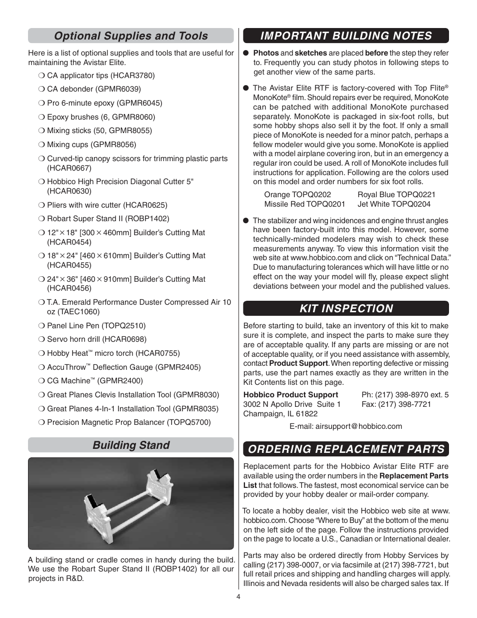Optional supplies and tools, Building stand, Kit inspection | Ordering replacement parts | Great Planes Avistar Elite .46 RTF - GPMA1605 User Manual | Page 4 / 20