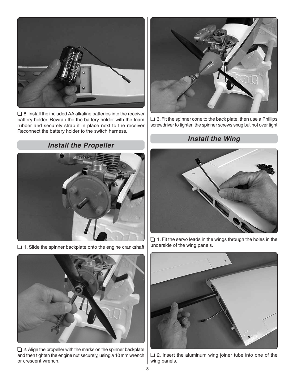 Install the propeller, Install the wing | Great Planes Avistar Elite .46 RTF - GPMA1605 User Manual | Page 8 / 20