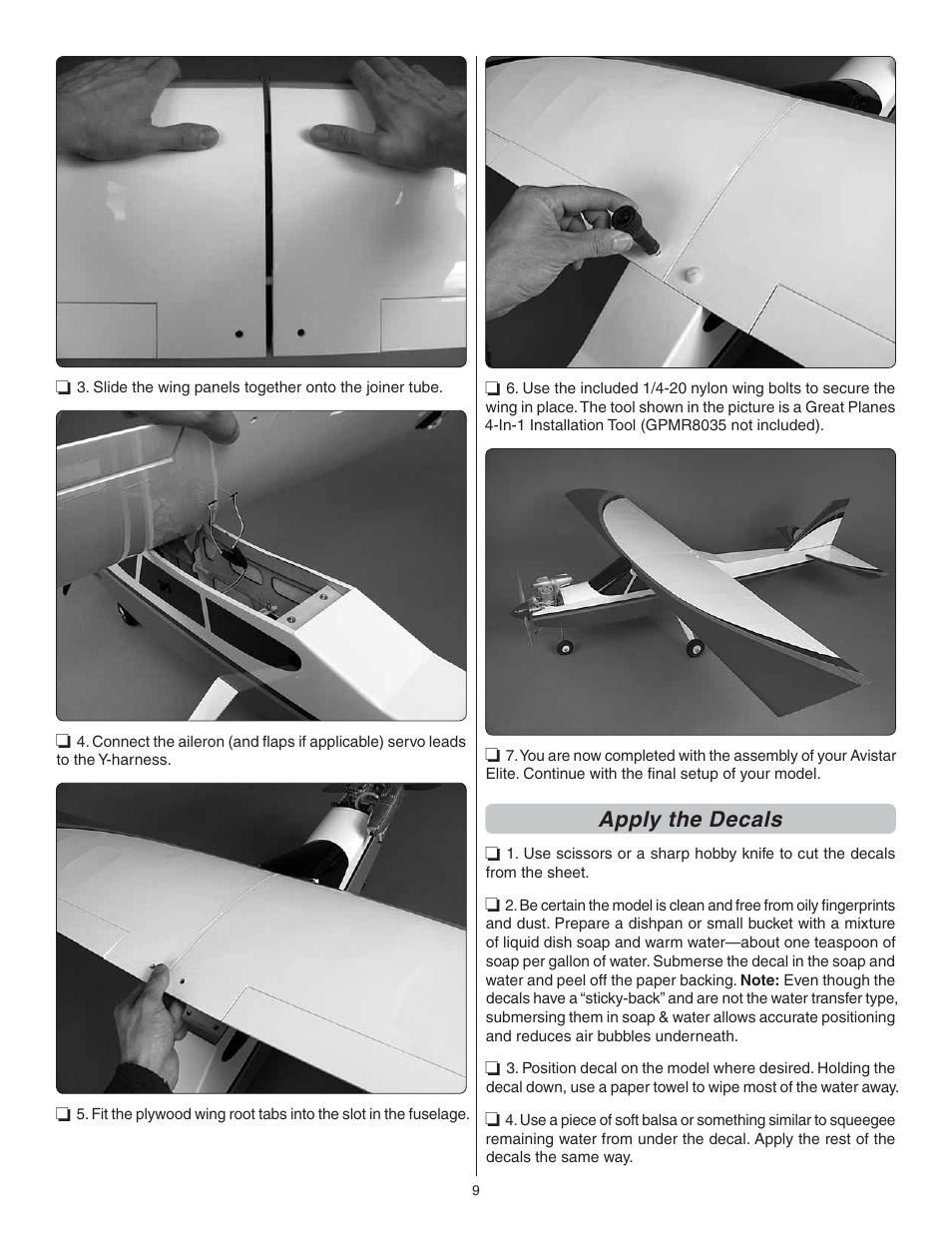Apply the decals | Great Planes Avistar Elite .46 RTF - GPMA1605 User Manual | Page 9 / 20