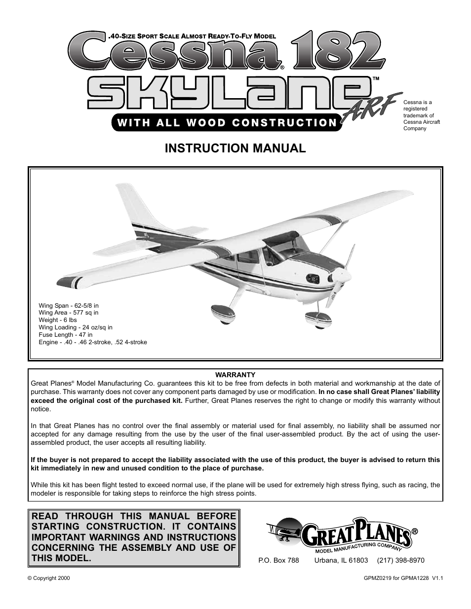 Great Planes Cessna 182 Skylane 40 ARF - GPMA1228 User Manual | 28 pages