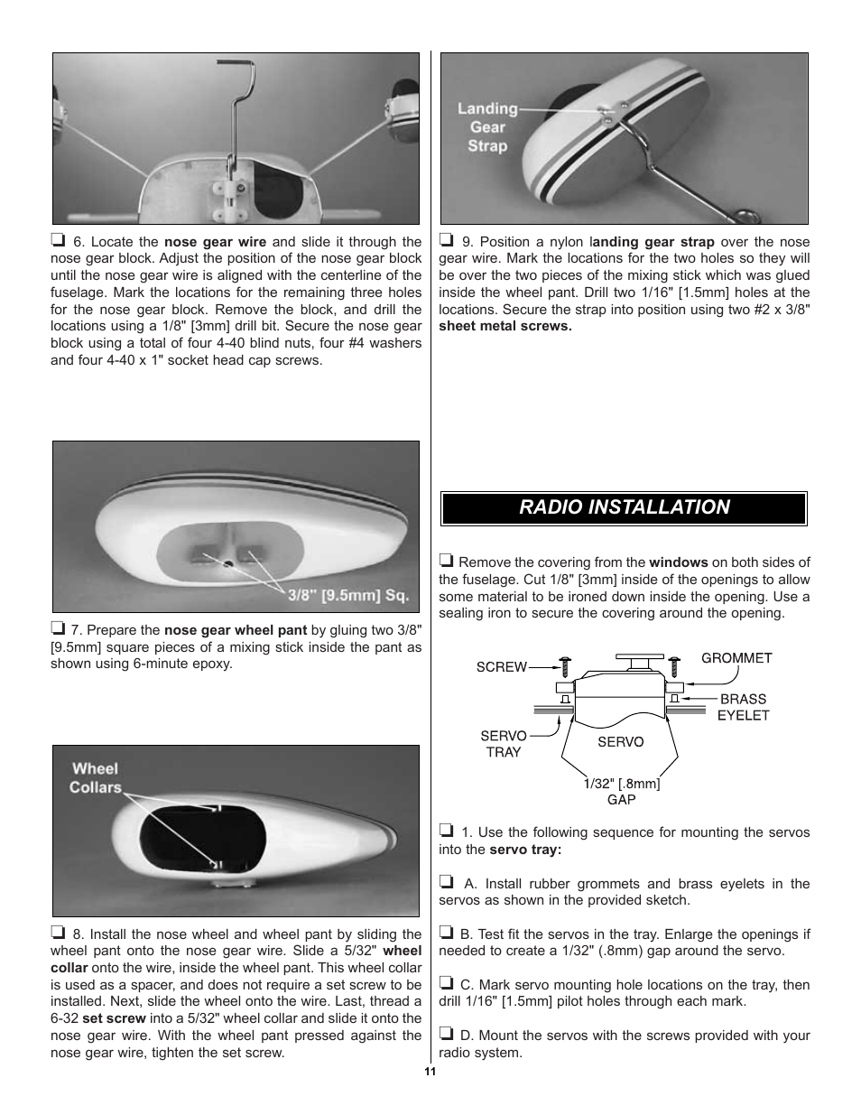 Radio installation | Great Planes Cessna 182 Skylane 40 ARF - GPMA1228 User Manual | Page 11 / 28