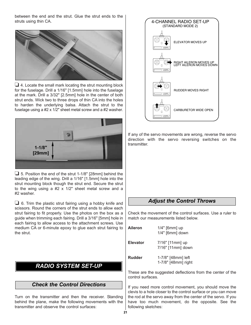 Radio system set-up, Adjust the control throws, Check the control directions | Great Planes Cessna 182 Skylane 40 ARF - GPMA1228 User Manual | Page 21 / 28