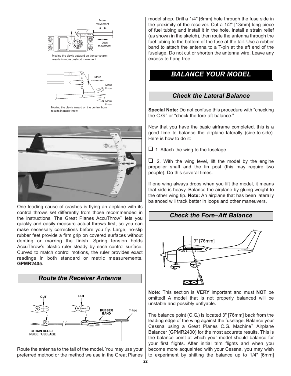 Balance your model, Route the receiver antenna | Great Planes Cessna 182 Skylane 40 ARF - GPMA1228 User Manual | Page 22 / 28