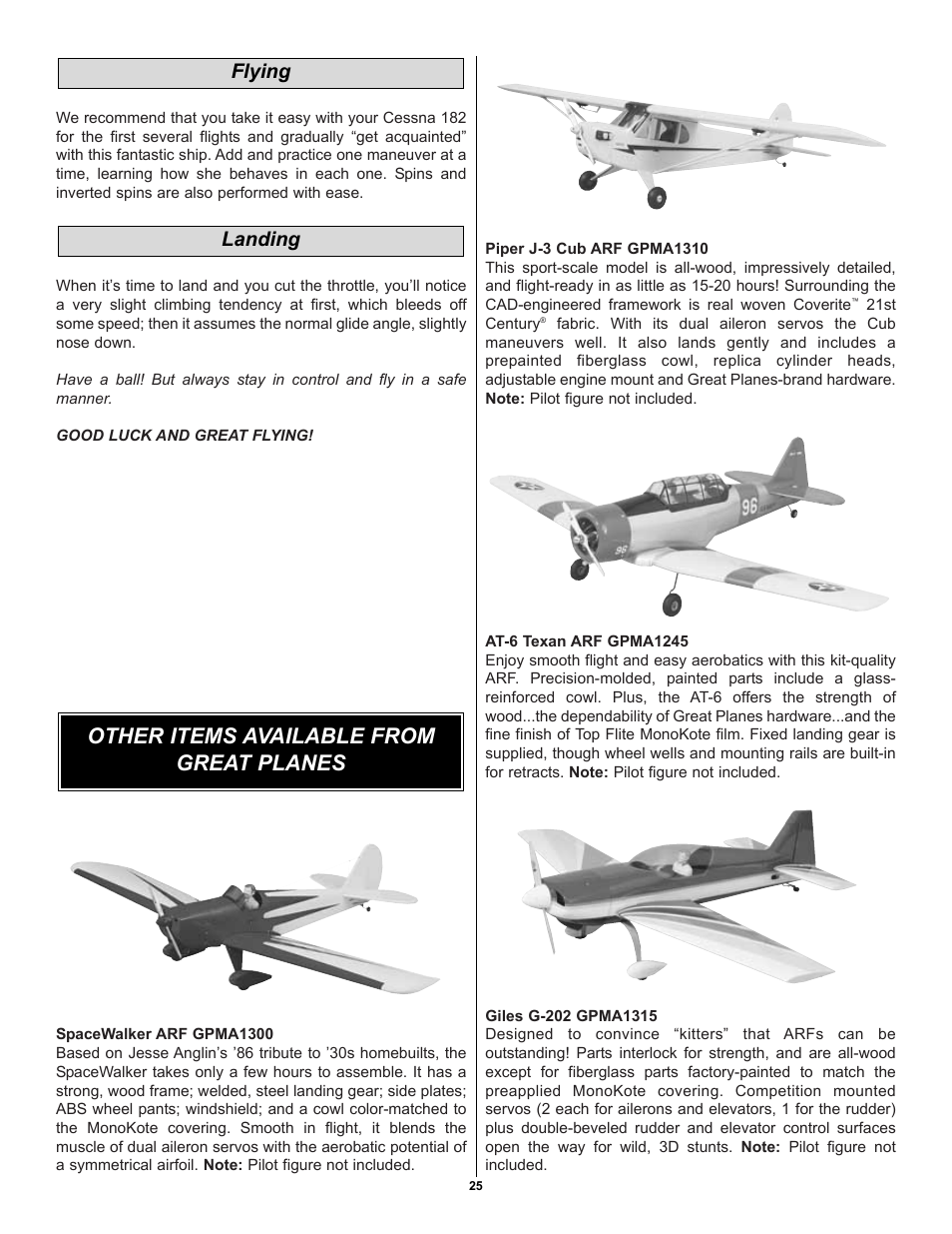 Other items available from great planes, Landing flying | Great Planes Cessna 182 Skylane 40 ARF - GPMA1228 User Manual | Page 25 / 28