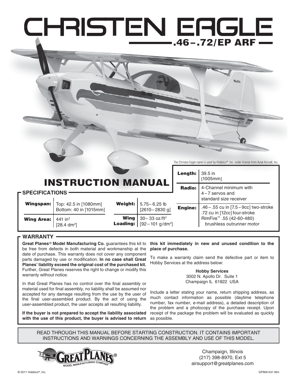 Great Planes Christen Eagle 46 ARF - GPMA1431 User Manual | 36 pages