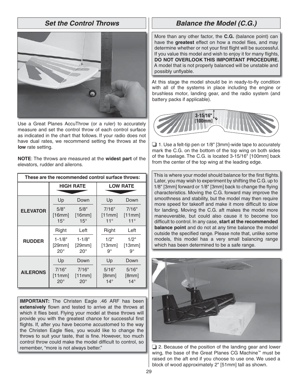 Set the control throws, Balance the model (c.g.) | Great Planes Christen Eagle 46 ARF - GPMA1431 User Manual | Page 29 / 36