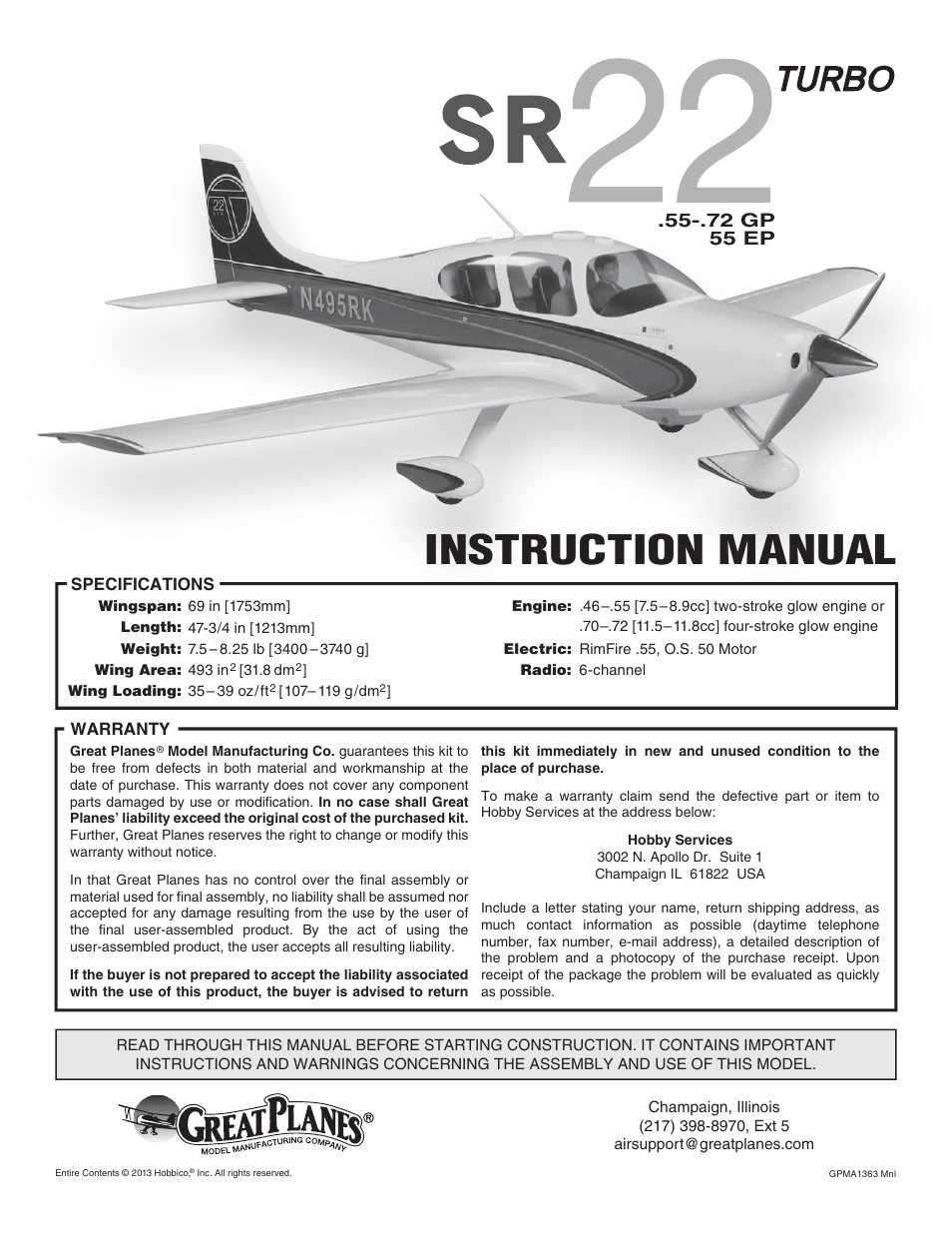 Great Planes Cirrus SR22 .46-55 ARF - GPMA1363 User Manual | 32 pages