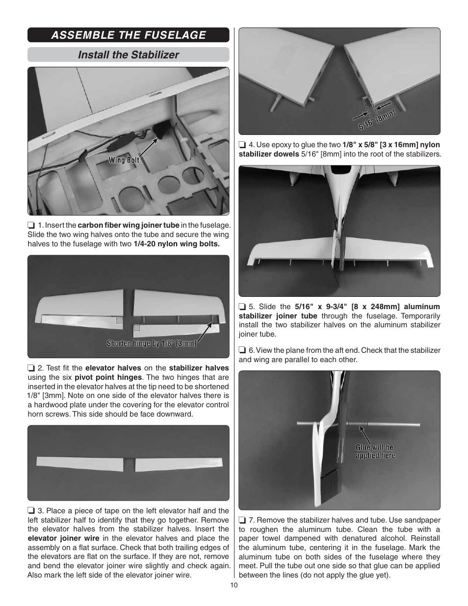 Assemble the fuselage install the stabilizer | Great Planes Cirrus SR22 .46-55 ARF - GPMA1363 User Manual | Page 10 / 32