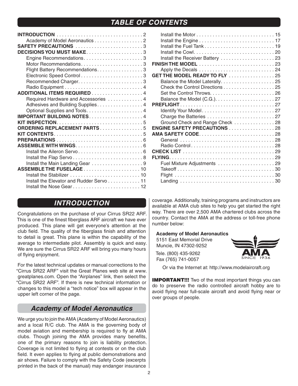 Great Planes Cirrus SR22 .46-55 ARF - GPMA1363 User Manual | Page 2 / 32