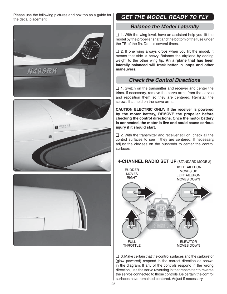 Check the control directions | Great Planes Cirrus SR22 .46-55 ARF - GPMA1363 User Manual | Page 25 / 32