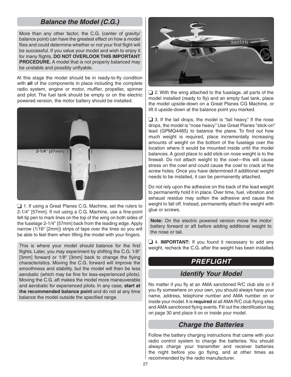 Balance the model (c.g.), Preflight identify your model, Charge the batteries | Great Planes Cirrus SR22 .46-55 ARF - GPMA1363 User Manual | Page 27 / 32