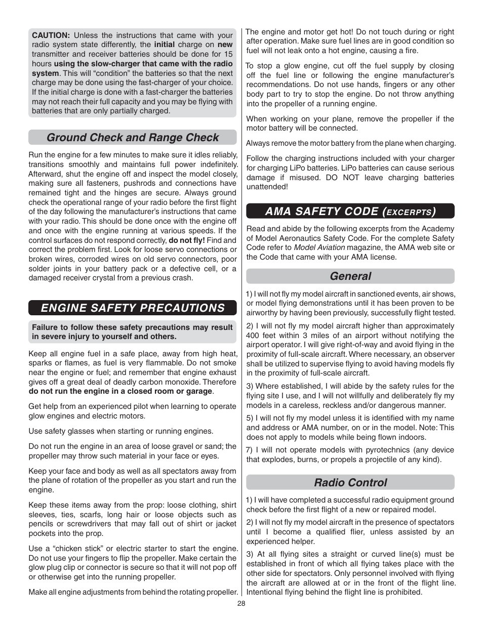 Ground check and range check, Engine safety precautions, Ama safety code | General, Radio control | Great Planes Cirrus SR22 .46-55 ARF - GPMA1363 User Manual | Page 28 / 32