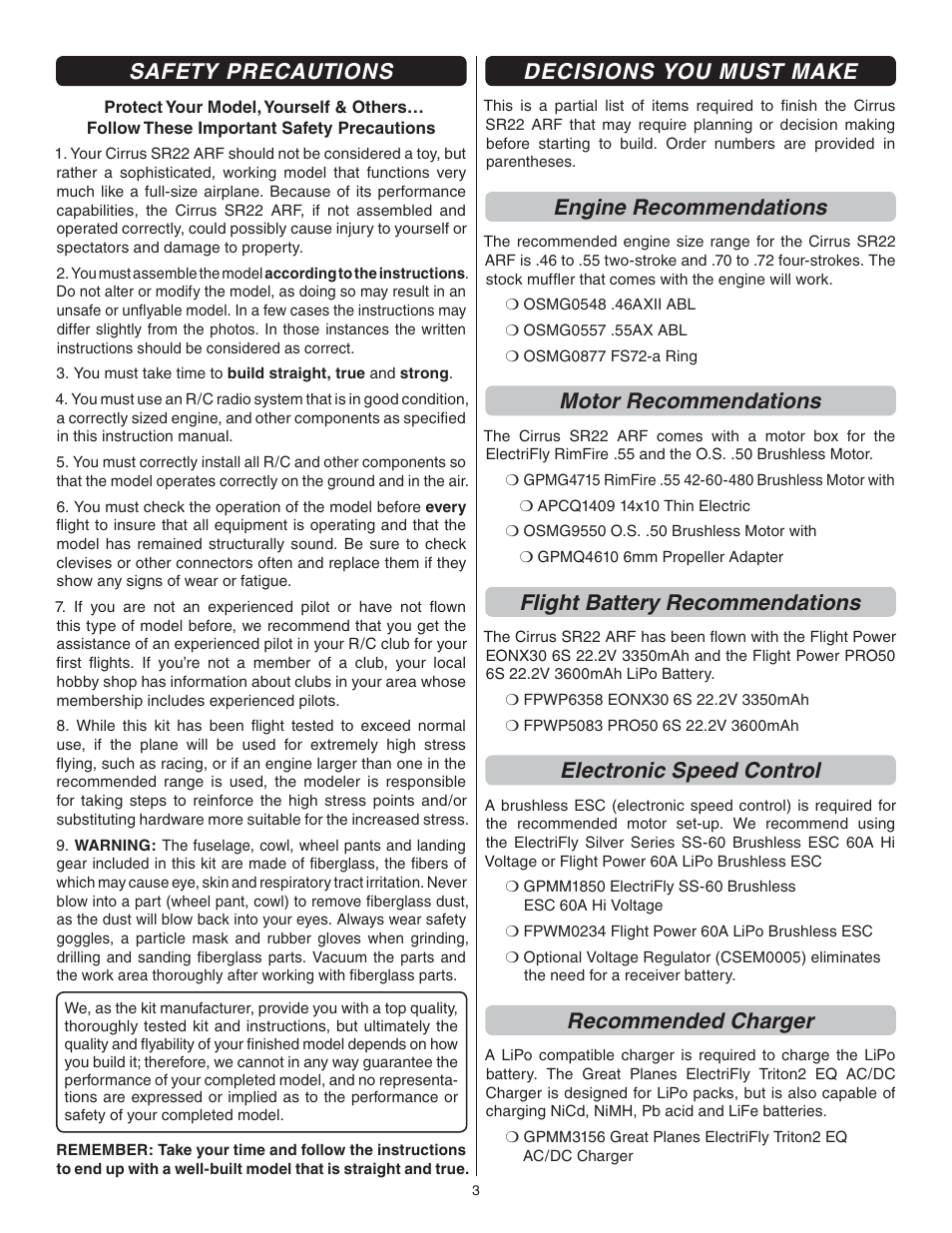 Safety precautions, Decisions you must make, Engine recommendations | Motor recommendations, Flight battery recommendations, Electronic speed control, Recommended charger | Great Planes Cirrus SR22 .46-55 ARF - GPMA1363 User Manual | Page 3 / 32