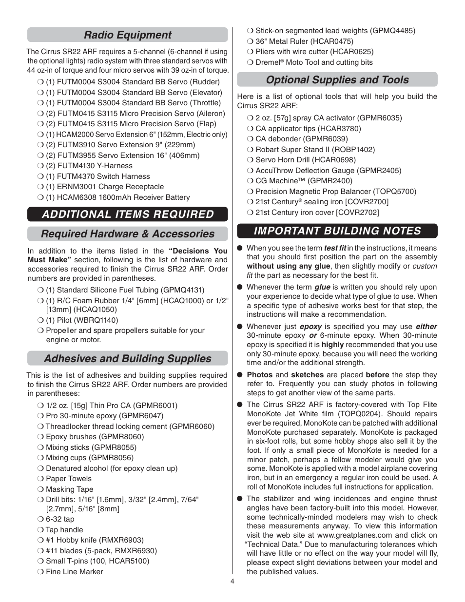 Radio equipment, Adhesives and building supplies, Optional supplies and tools | Great Planes Cirrus SR22 .46-55 ARF - GPMA1363 User Manual | Page 4 / 32