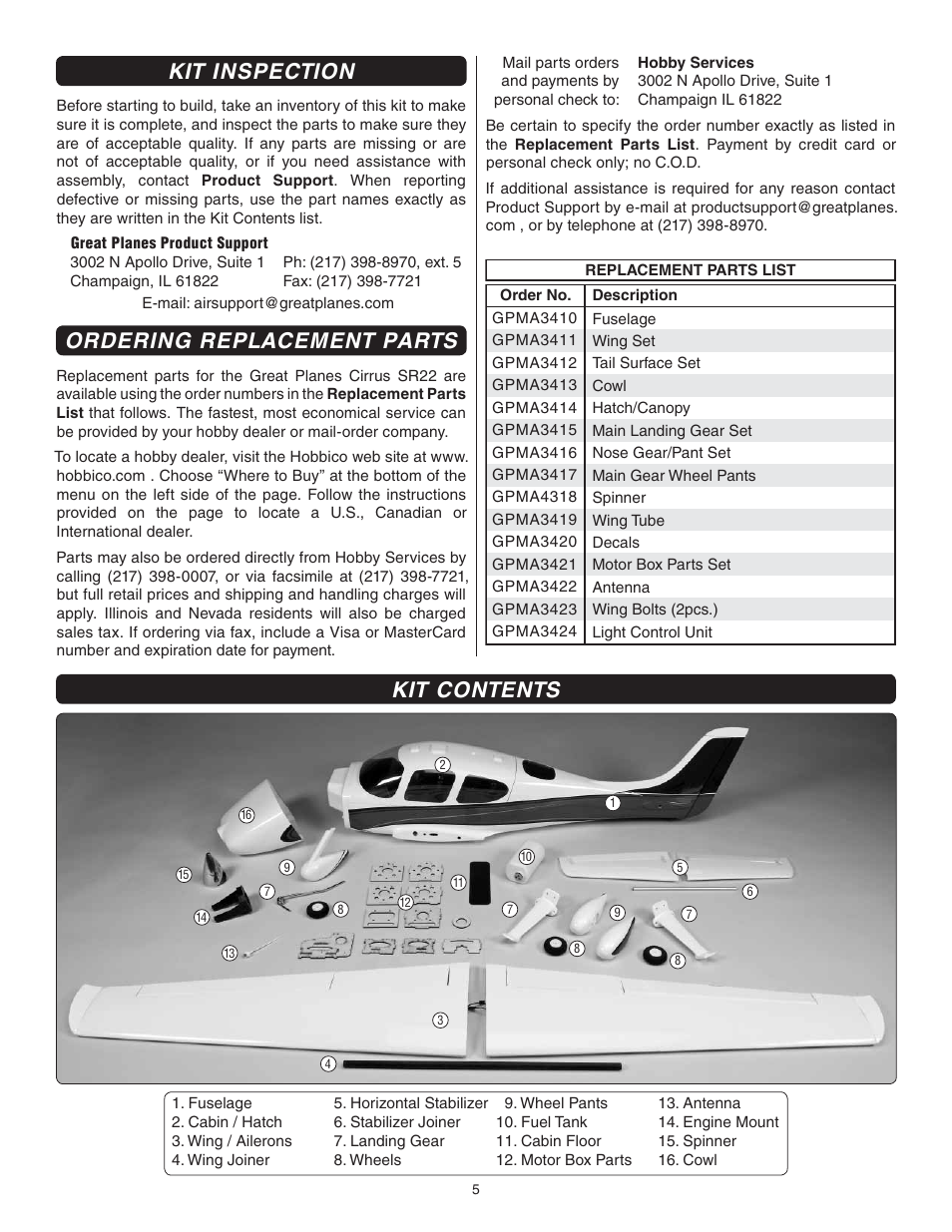 Kit inspection, Ordering replacement parts, Kit contents | Great Planes Cirrus SR22 .46-55 ARF - GPMA1363 User Manual | Page 5 / 32