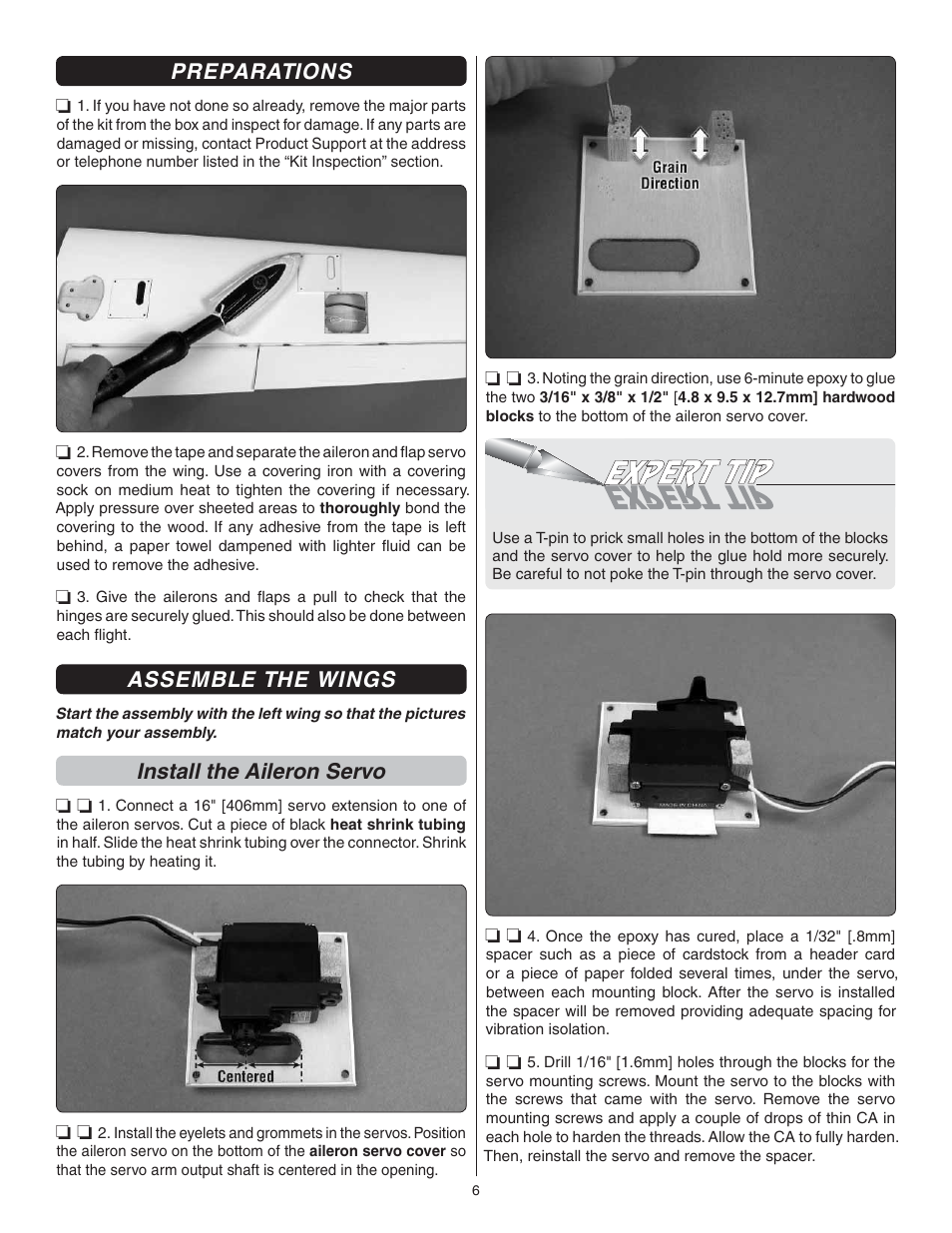 Preparations, Assemble the wings, Install the aileron servo | Great Planes Cirrus SR22 .46-55 ARF - GPMA1363 User Manual | Page 6 / 32