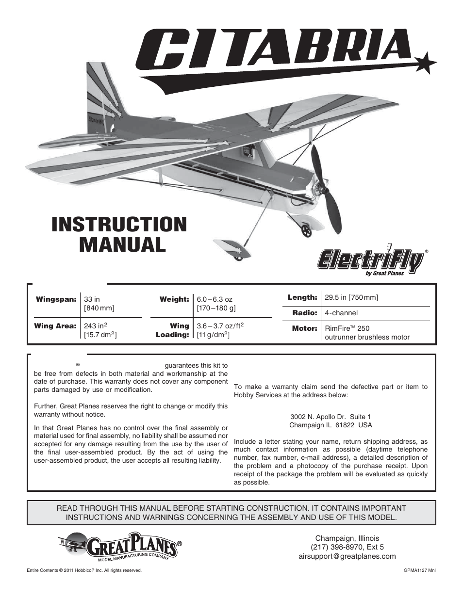 Great Planes Citabria EP ARF - GPMA1127 User Manual | 20 pages