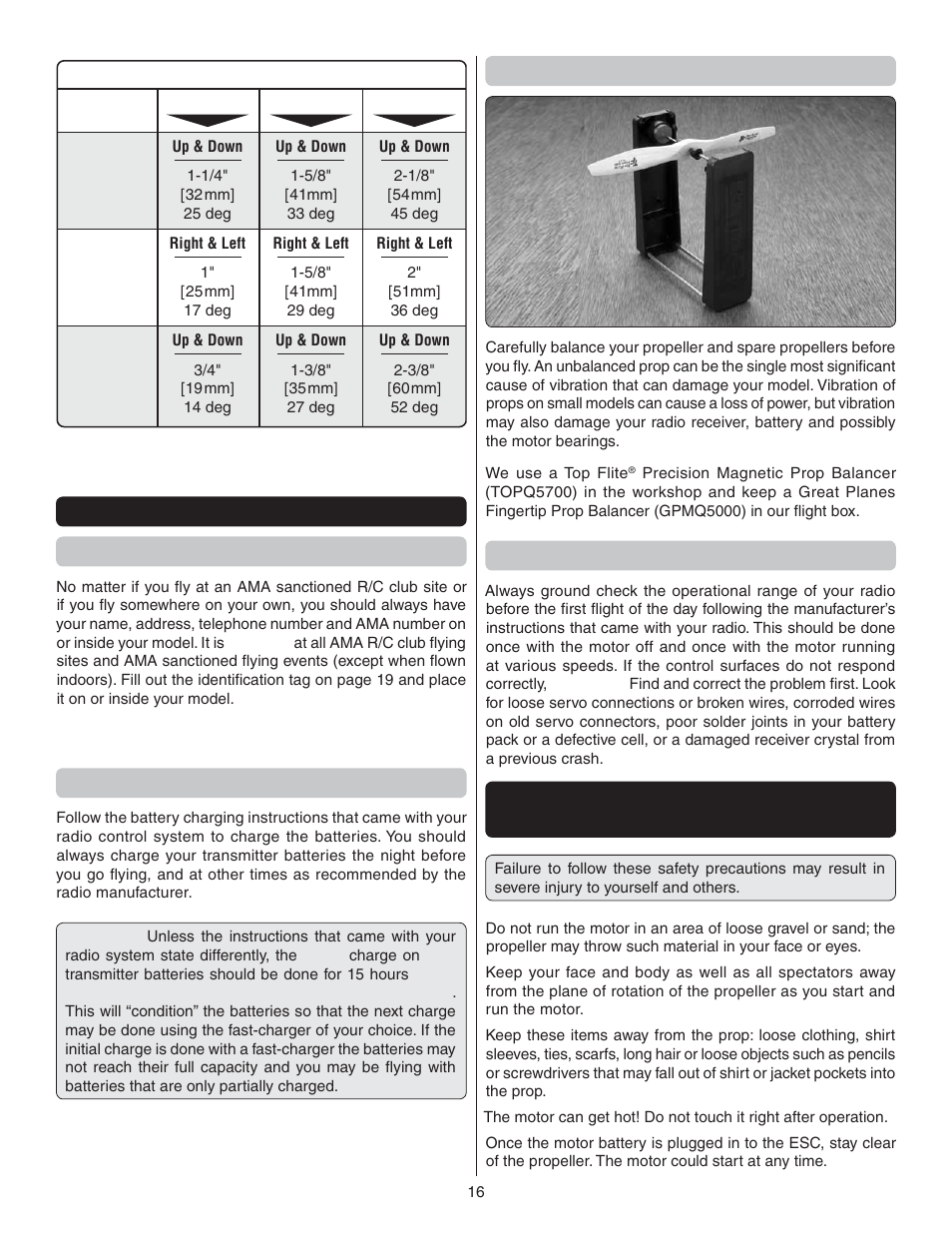 Preflight identify your model, Charge the batteries, Balance propellers | Ground check and range check, Motor and battery safety precautions | Great Planes Citabria EP ARF - GPMA1127 User Manual | Page 16 / 20