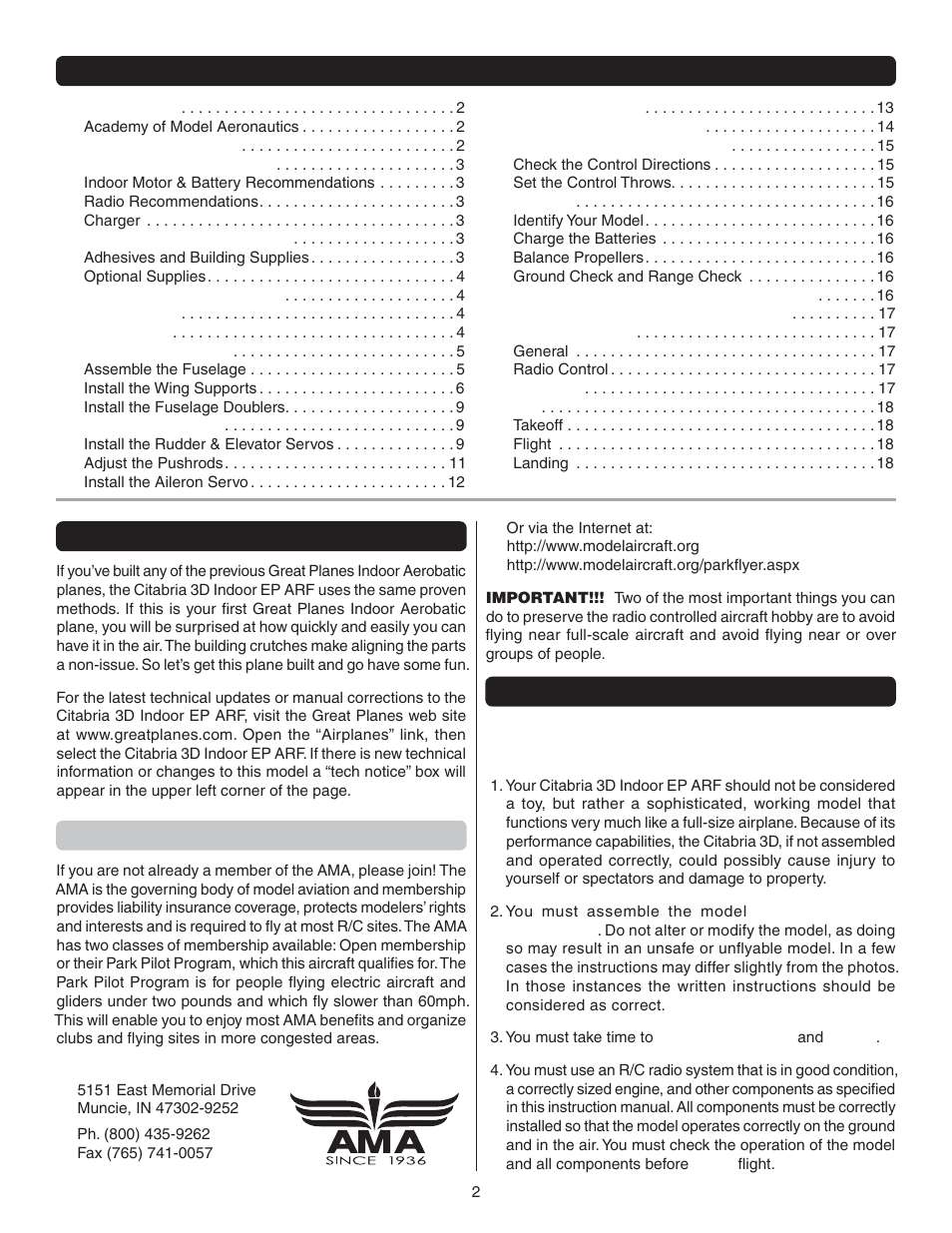 Table of contents introduction, Academy of model aeronautics, Safety precautions | Great Planes Citabria EP ARF - GPMA1127 User Manual | Page 2 / 20