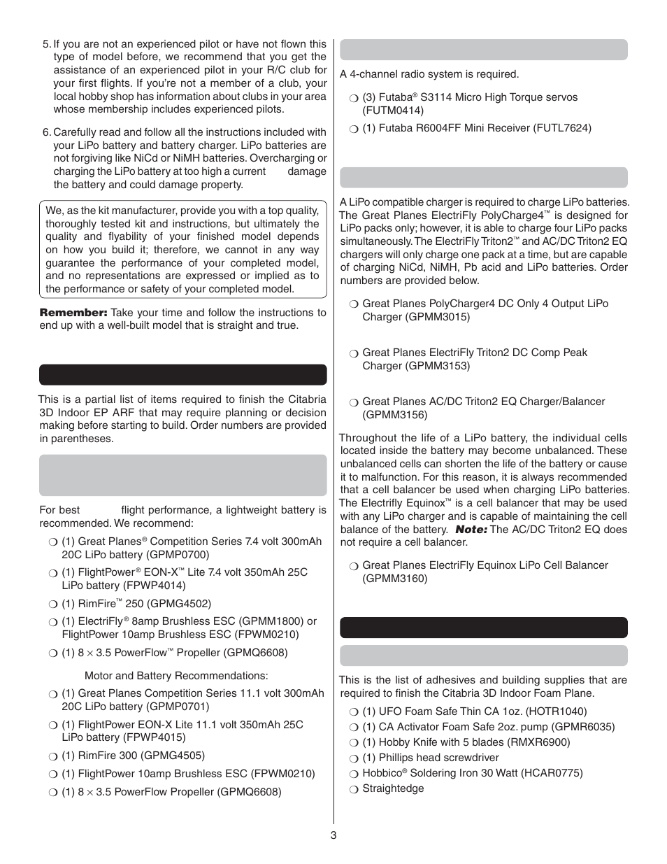 Decisions you must make, Indoor motor and battery recommendations, Radio recommendations | Charger | Great Planes Citabria EP ARF - GPMA1127 User Manual | Page 3 / 20
