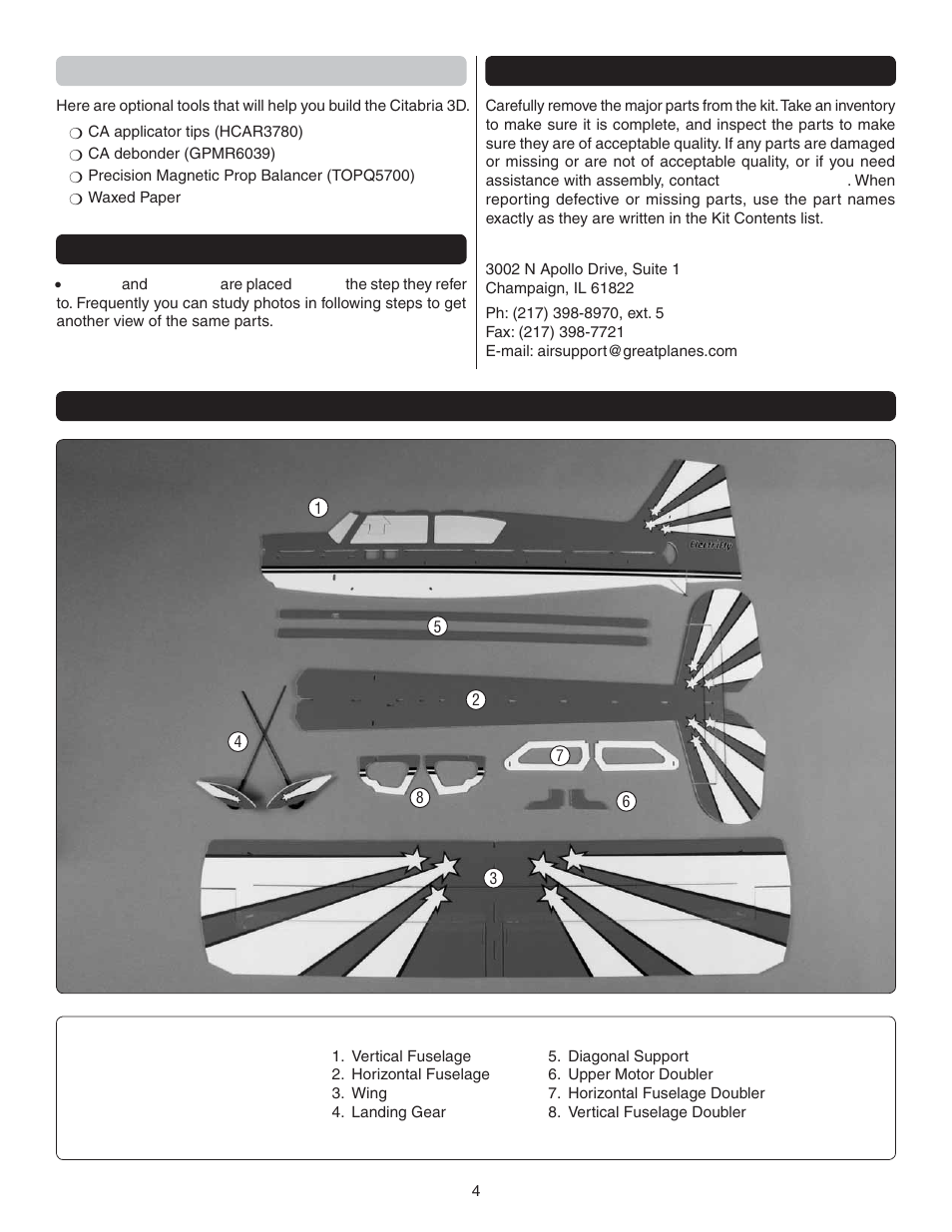 Optional supplies, Kit inspection, Kit contents | Great Planes Citabria EP ARF - GPMA1127 User Manual | Page 4 / 20