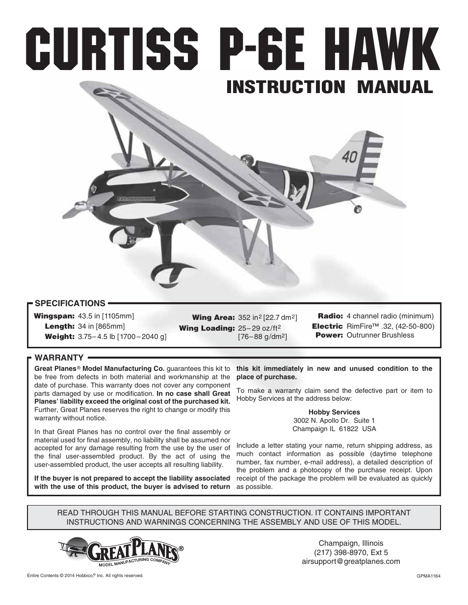 Great Planes Curtis P-6E Hawk EP Biplane ARF - GPMA1164 User Manual | 24 pages