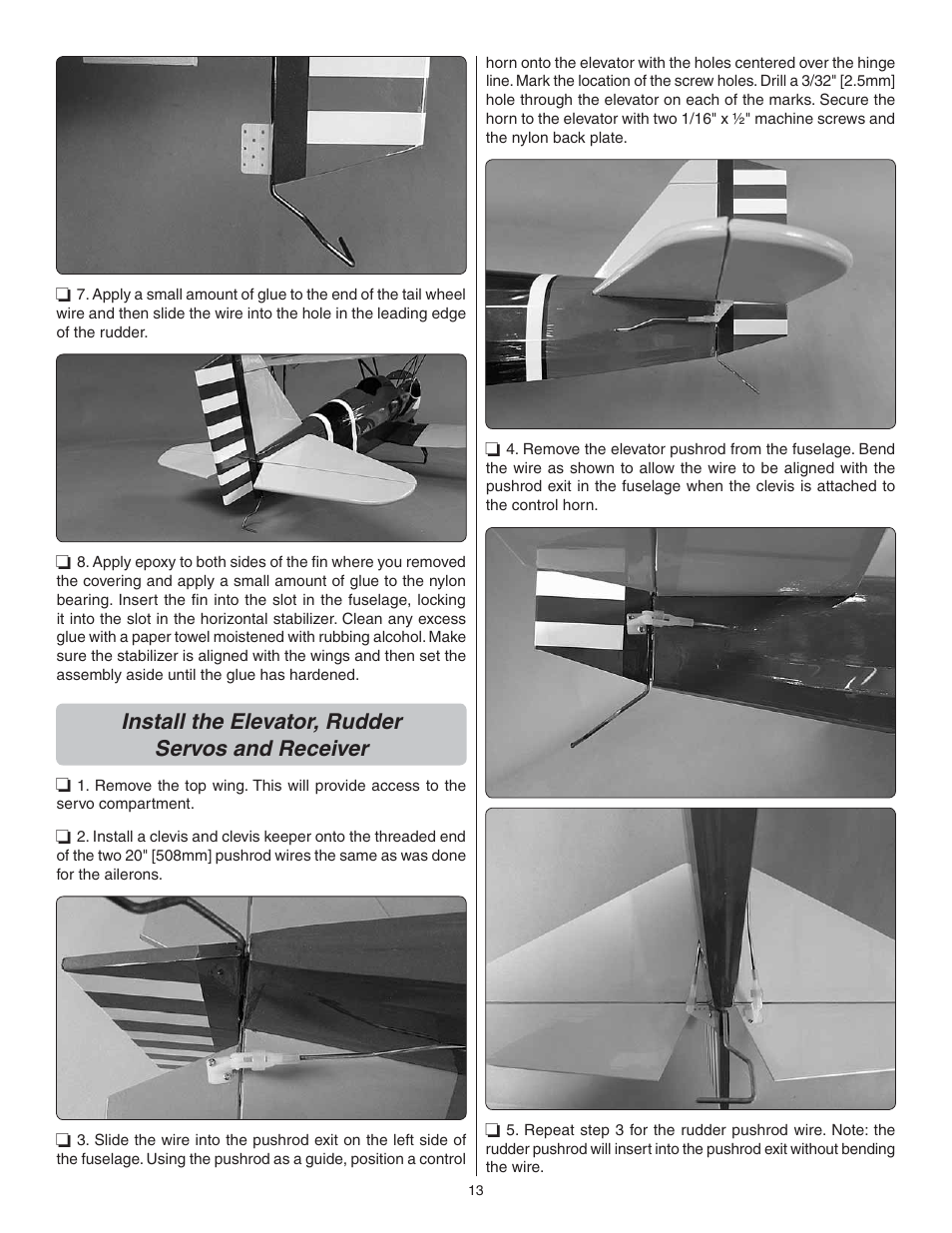 Install the elevator, rudder servos and receiver | Great Planes Curtis P-6E Hawk EP Biplane ARF - GPMA1164 User Manual | Page 13 / 24